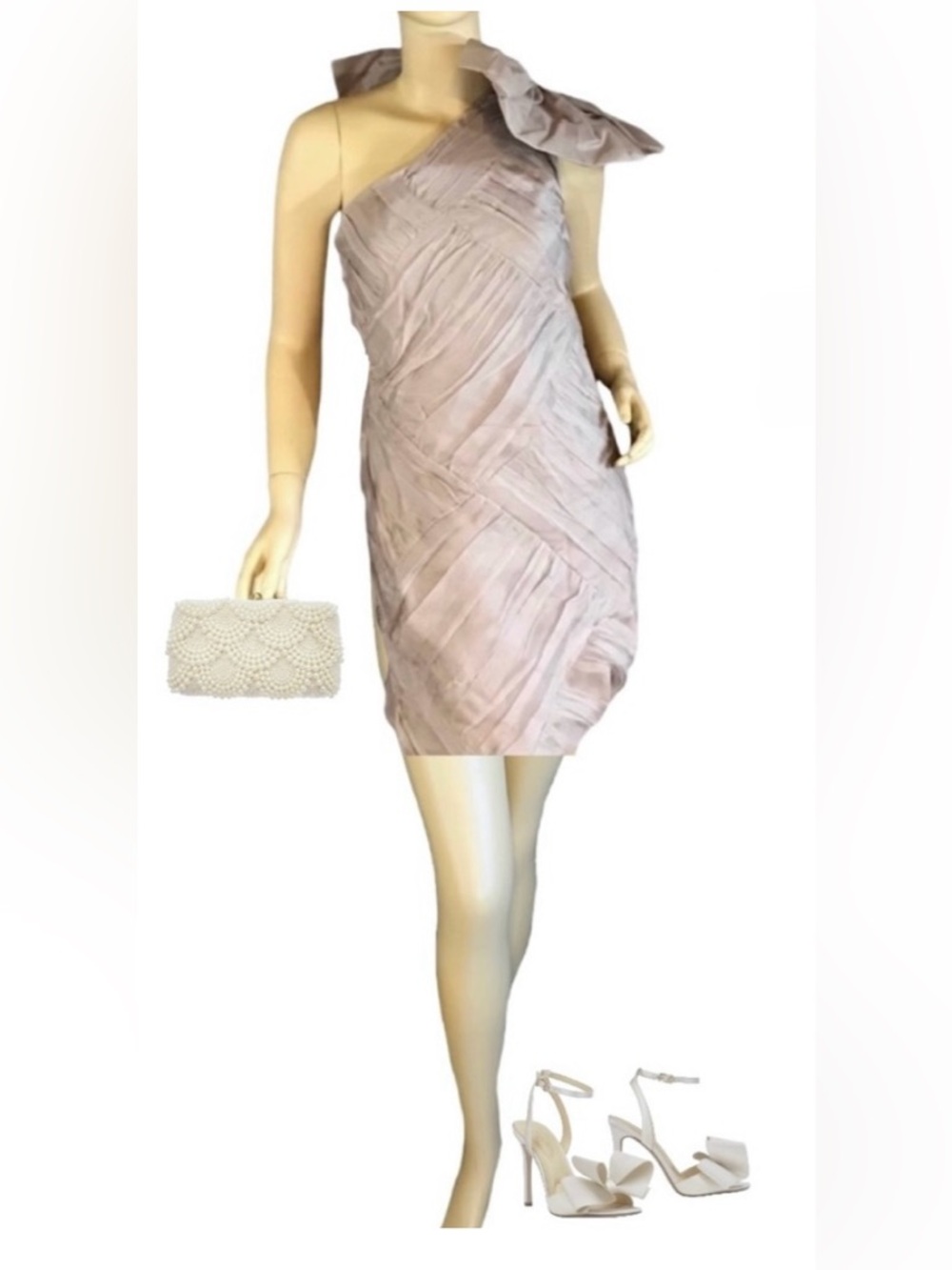 BY MALENE BIRGER TAUPE SILK RUFFLE DRESS WITH ONE SHOULDER BOW ACCENT (S)
